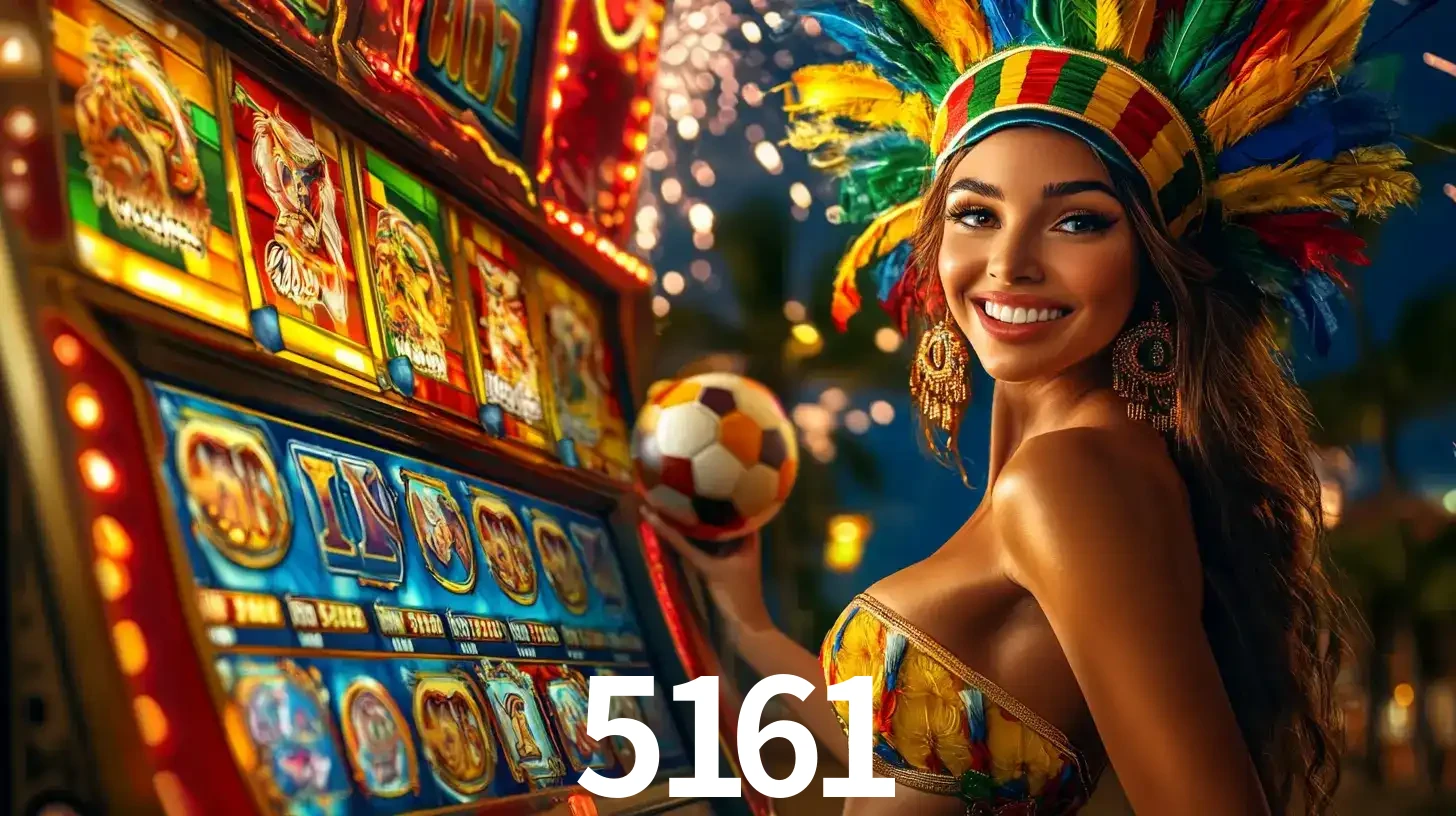 Mulher com um cocar de carnaval ao lado de uma máquina de caça-níqueis enquanto segura uma bola de futebol, mostrando a união da diversão de cassino e esportes no 5161.