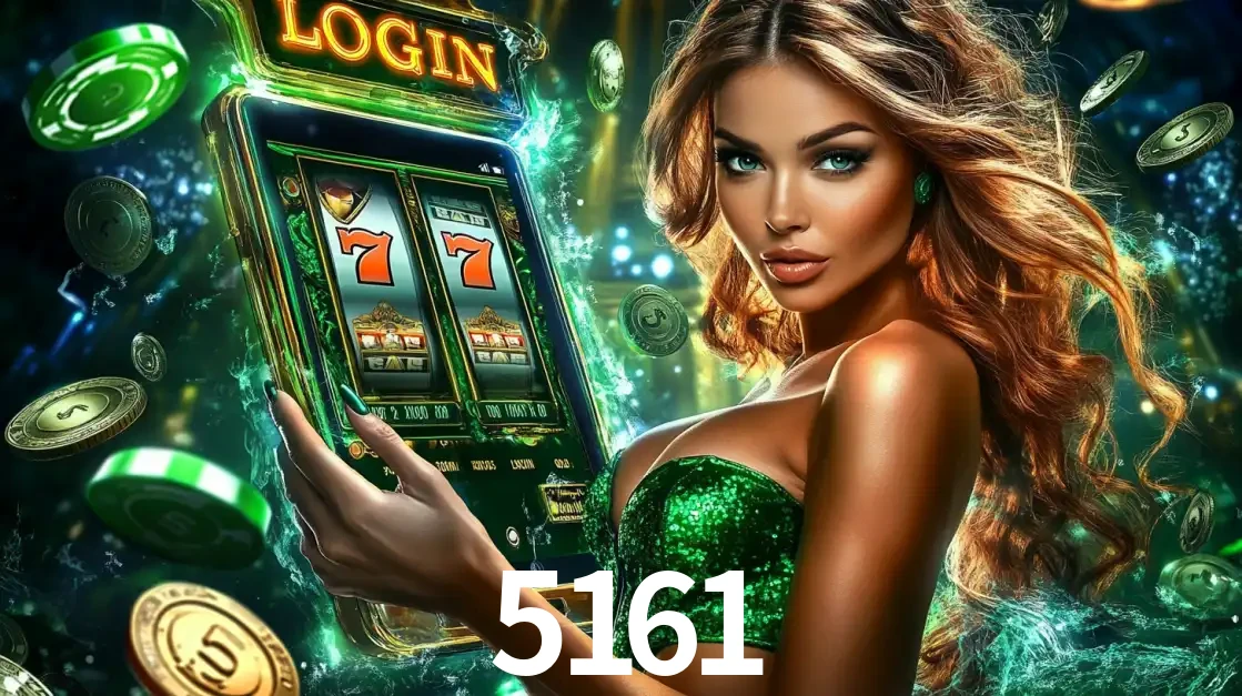 Mulher com tema verde apresentando o aplicativo do cassino 5161 com um jogo de slot de 777, cercada por fichas de cassino e uma aura de sorte.