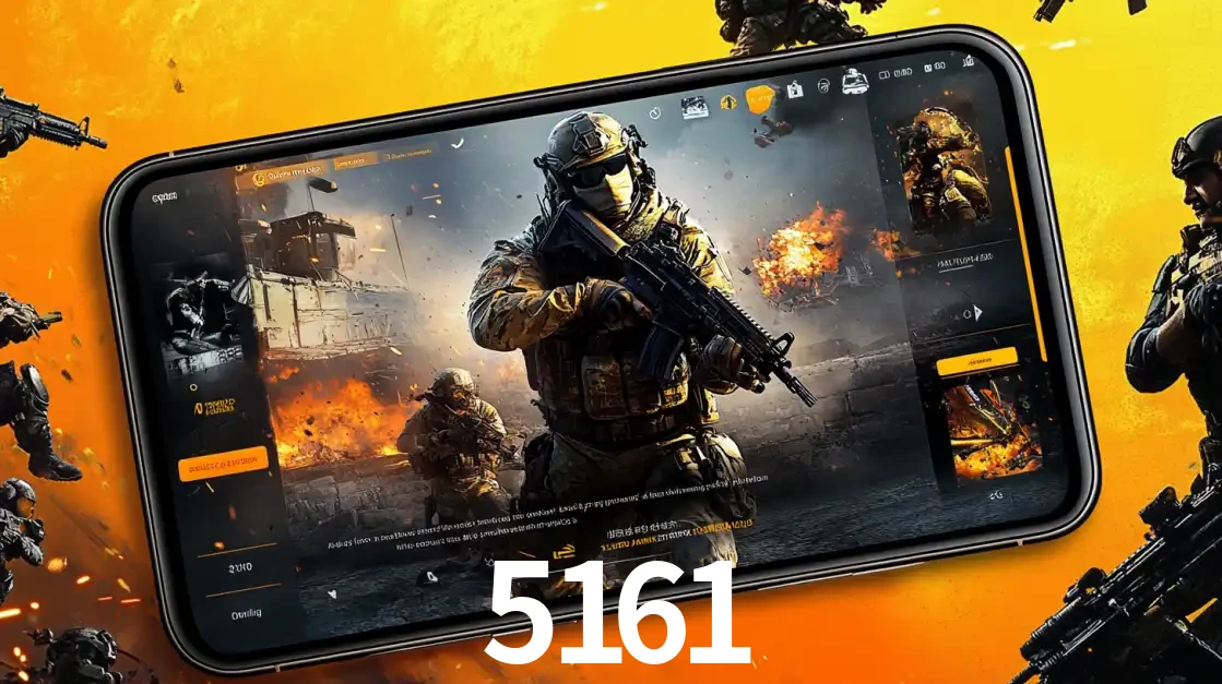 Um smartphone exibindo a interface de um jogo de tiro em primeira pessoa, com um soldado em um cenário de batalha, representando a ação dos e-sports para apostar no 5161.