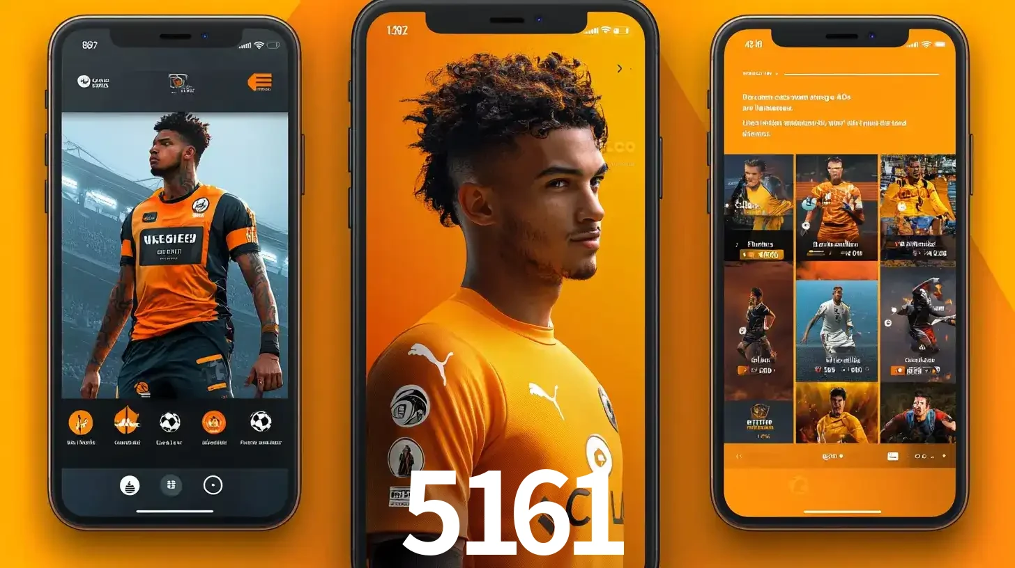 Interface do aplicativo de apostas esportivas 5161 em três telas de celular, mostrando o perfil de um jogador de futebol e a lista de jogos disponíveis para apostar.