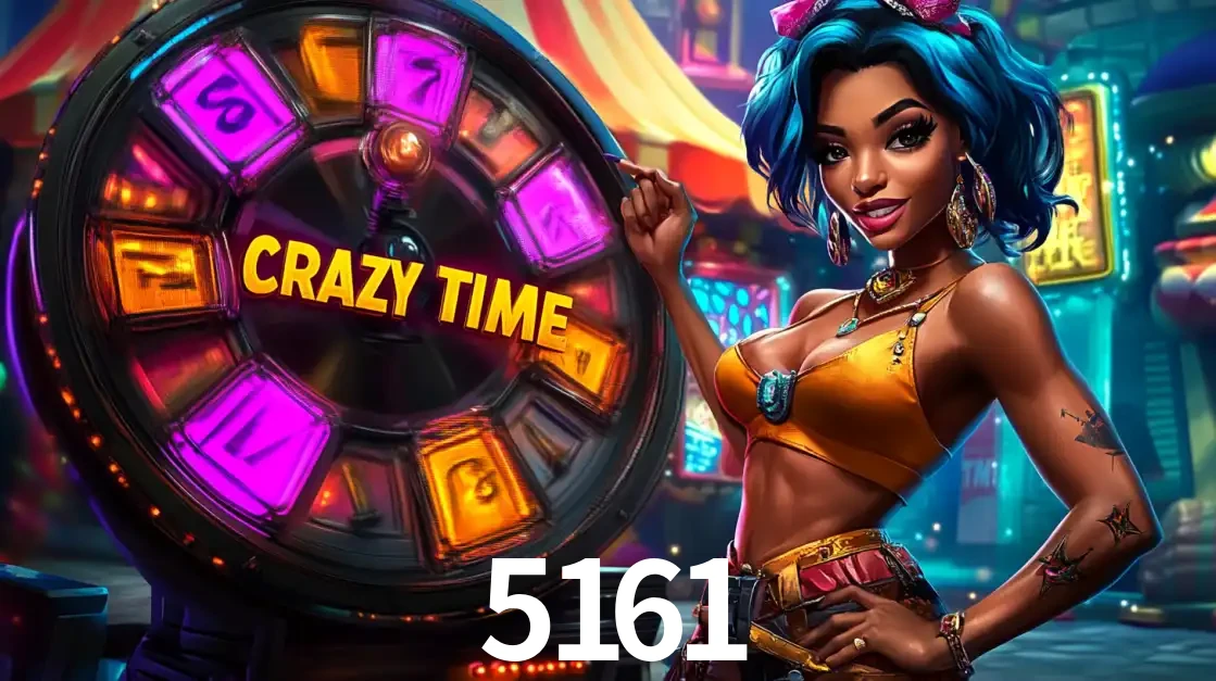 Mulher estilizada com cabelo azul e visual vibrante posando ao lado da roda de prêmios do game show Crazy Time, convidando para a diversão e os bônus do cassino 5161.