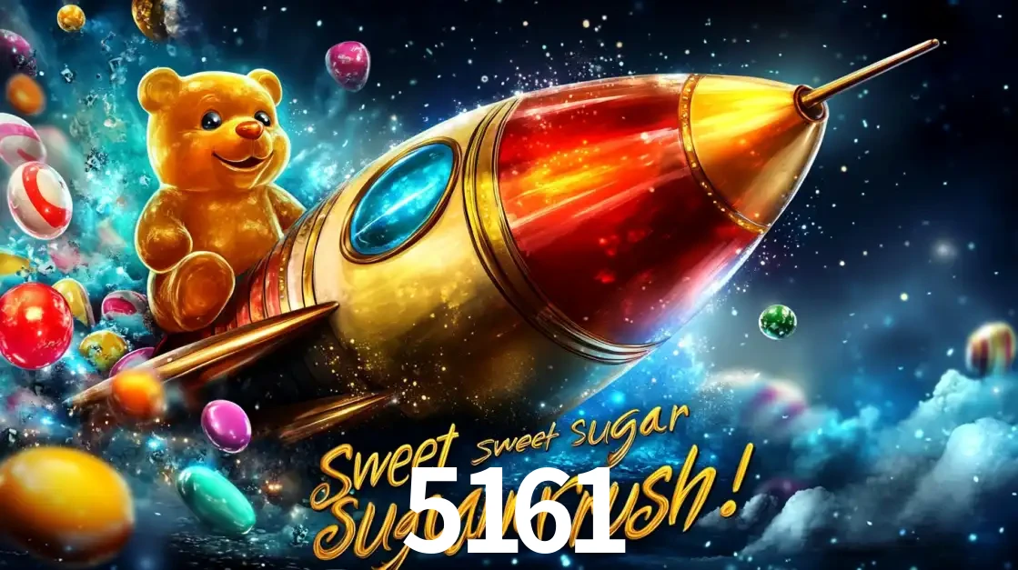 Arte promocional do jogo de slot Sugar Rush, com um urso de pelúcia em um foguete viajando pelo espaço de doces, um dos jogos divertidos disponíveis no cassino 5161.